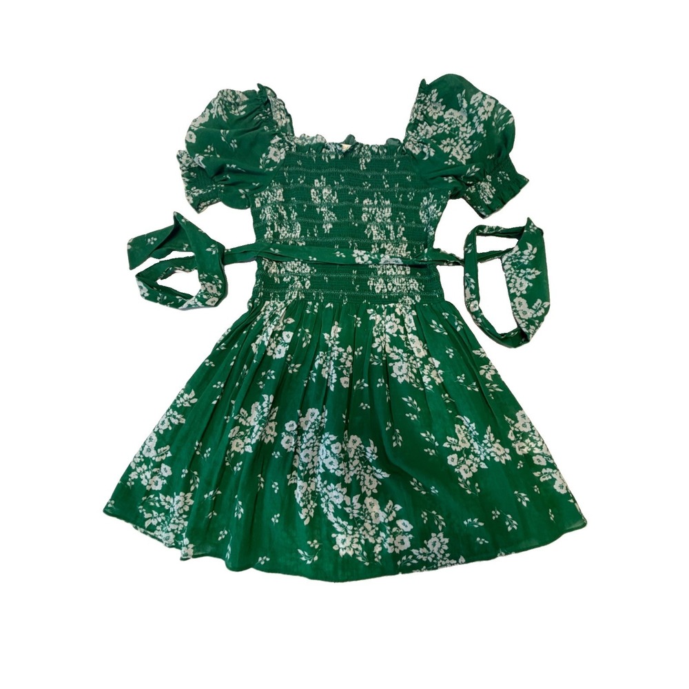 Shoshanna Women's Dress Size 4 Green White Floral Smocked Puff Sleeves Mini